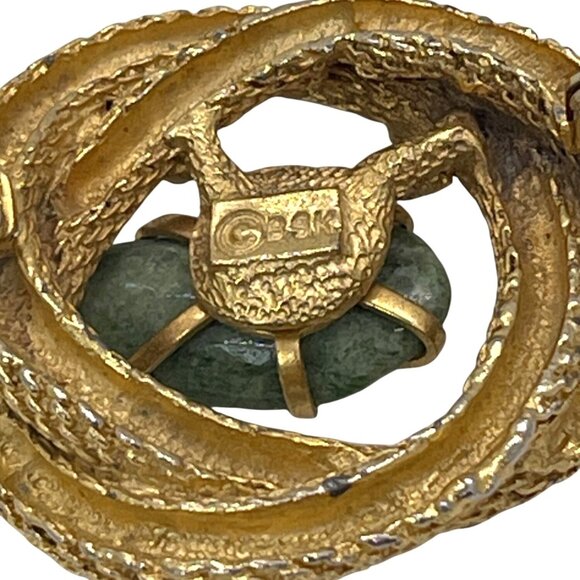 BSK Vintage Pin Textured Twisted Rope Knot Gold-Tone Brooch Green Stone Agate - Picture 3 of 9